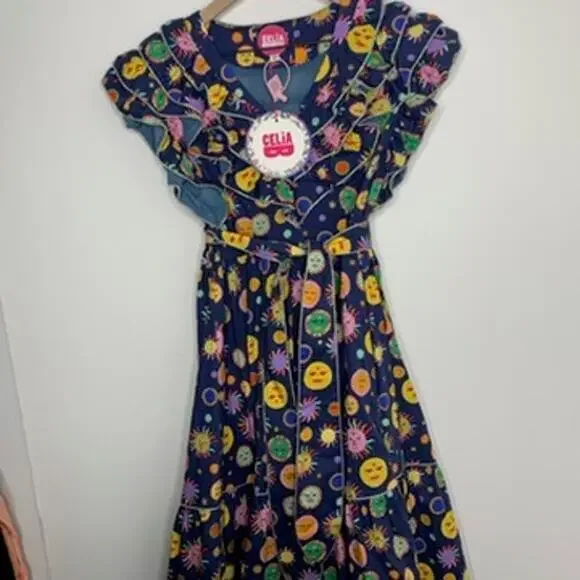 Celia B Atlas Dress Midi Navy Multi Womens New Size Medium Summer Belted - Picture 8 of 16